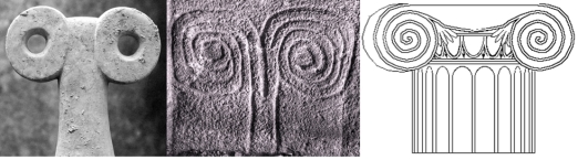 confronto tra statuetta mesopotamica, doppia spirale in un sito neolitico sardo e capitello ionico